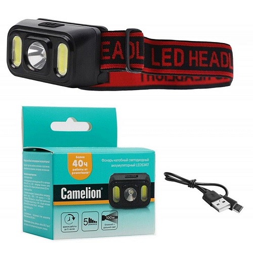 Фонарь Camelion/налобный, аккум.,5реж.,300lm